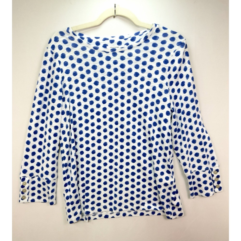 Chico's Size 1 Blue White Polka Dot Cotton Modal Knit Top Button Sleeve US Med